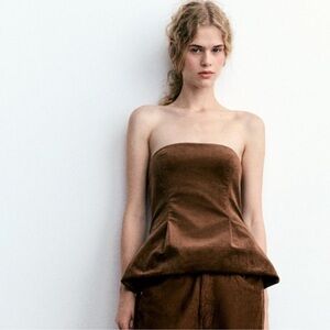 Zara brown corduroy strapless peplum tube top
